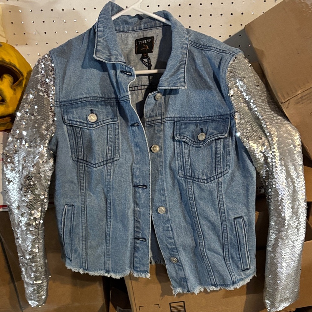 Twelve by Twelve Blue Denim Jacket with Silver Sequin Sleeves
